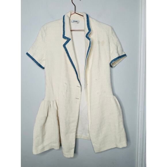 SANDRO Off White Tweed Blue Trim A-Line Double Breasted Seville Dress Size 36 - Picture 4 of 16